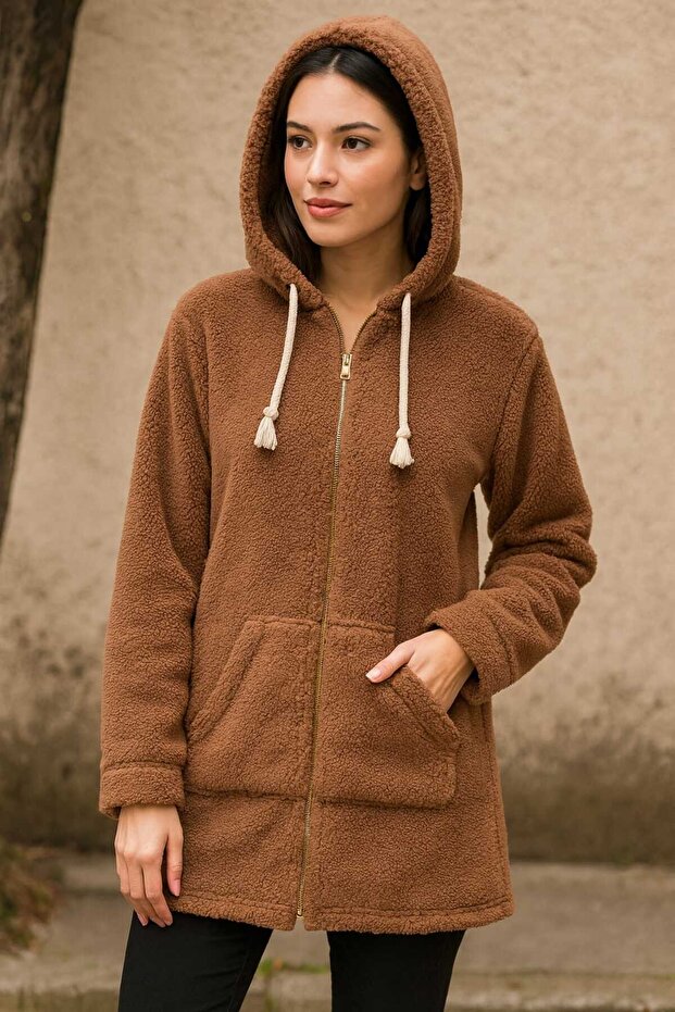 Women's Plush Coat Hooded Wide Fit Brown