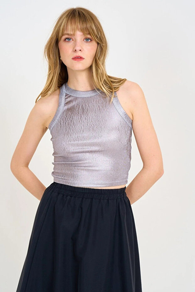 Grey-Silver-Pink Halter Neck Metallic Crew Neck Tank Top - 241013