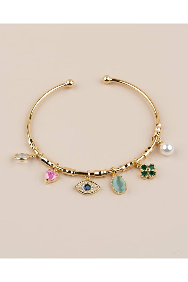 Avelin Adjustable Blue Stone Eye, Clover, Heart, Charm Clasp Bracelet