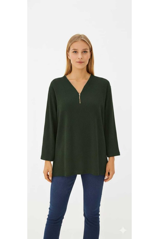 Women's Clothing Long Sleeve Zipper Detail Winter Long Sleeve Blouse Mother Combed Cotton