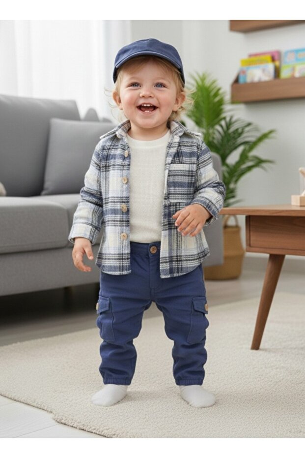 4-Piece Baby Boy/Child Set with Lumberjack Shirt, Hat, Badge, and Cargo Pants
