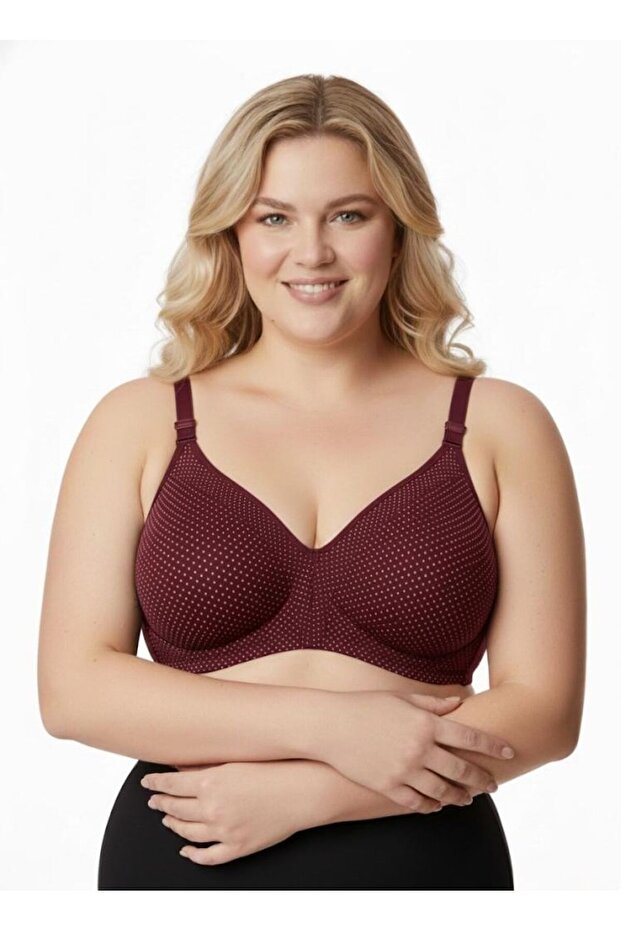 Burgundy Cotton Wire-Free Sponge-Free Polka Dot Patterned Shaping / Sculpting Bra - Wire-Free, Unpadded Comfort Model