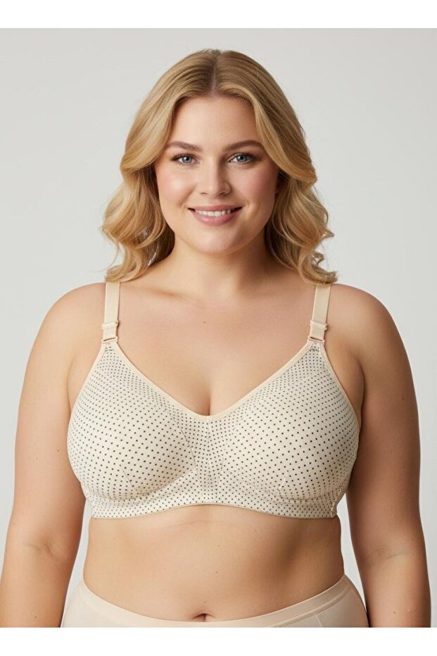 Cream Cotton Wire-Free Sponge-Free Polka Dot Patterned Shaping / Sculpting Bra - Wire-Free Unpadded Comfort Model