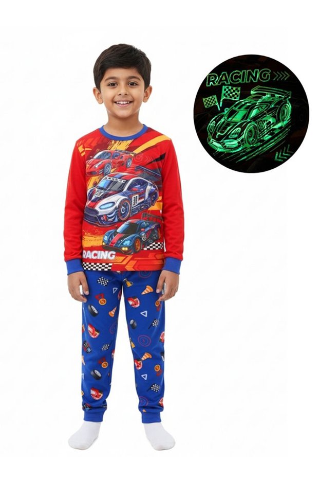 Racing Cars Print Boys Glow in the dark Pajama Set