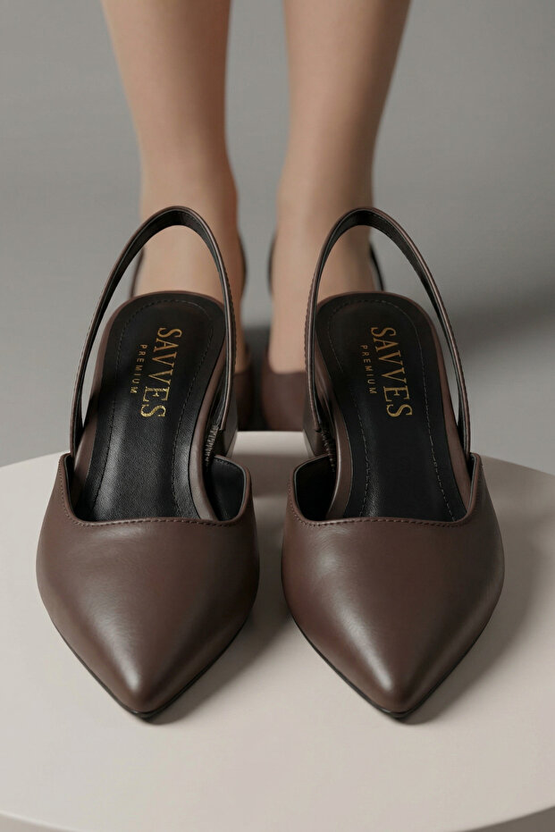 Women's Dark Brown Leather New Season Elasticized Low Heel Shoes