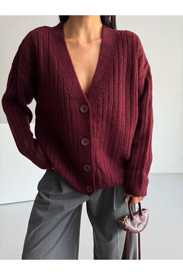 Buttoned V-Neck Burgundy Knitwear Cardigan