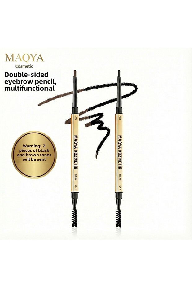 Two-Ended Angled Eyebrow Pencil and Eyebrow Brush 2 Pcs (Black and Brown) - Angled Brow Pencil