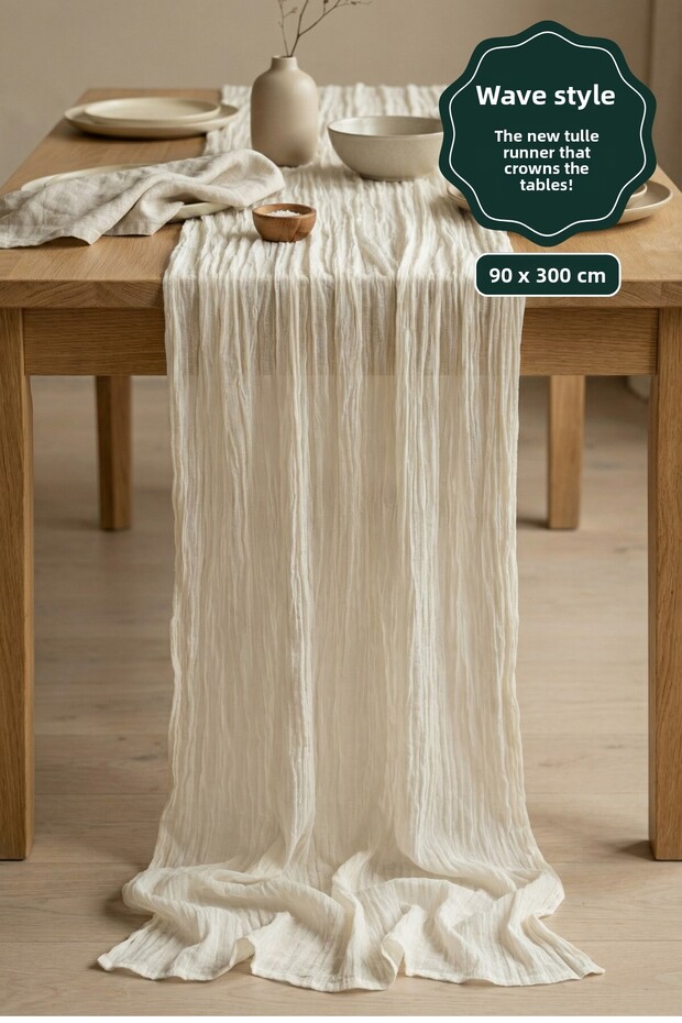 Nuvé | 100% Cotton Tulle Runner, Bohemian, Wedding Engagement Organization Tablecloth 90 X 300 cm Beige