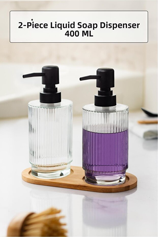 Set of 2 Liquid Soap Dispensers with Bamboo Base