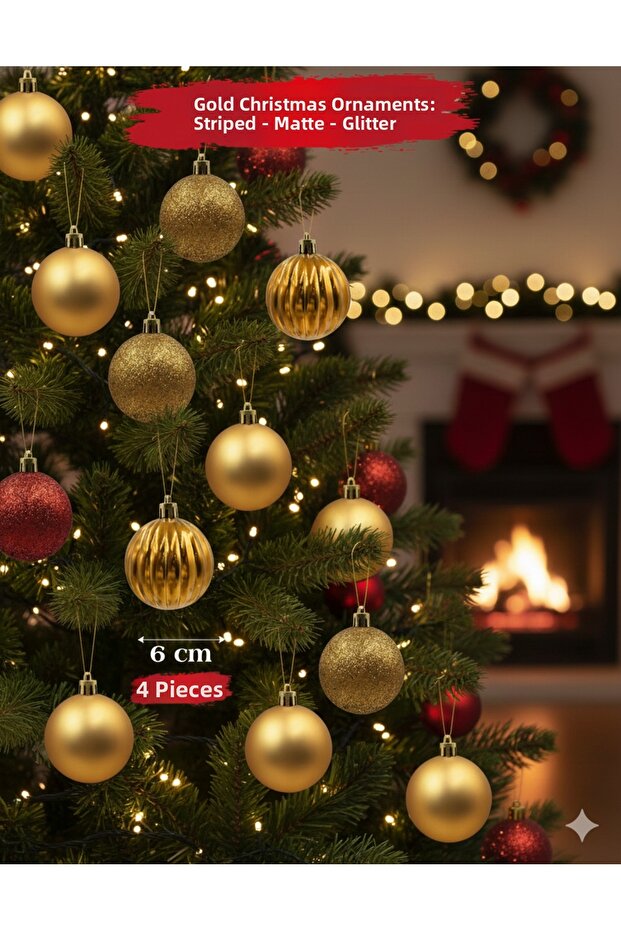 6 cm – Matte Shiny Glitter Gold Christmas Ball Ornament 12 Piece Decorative Tree and Party Ornament Set