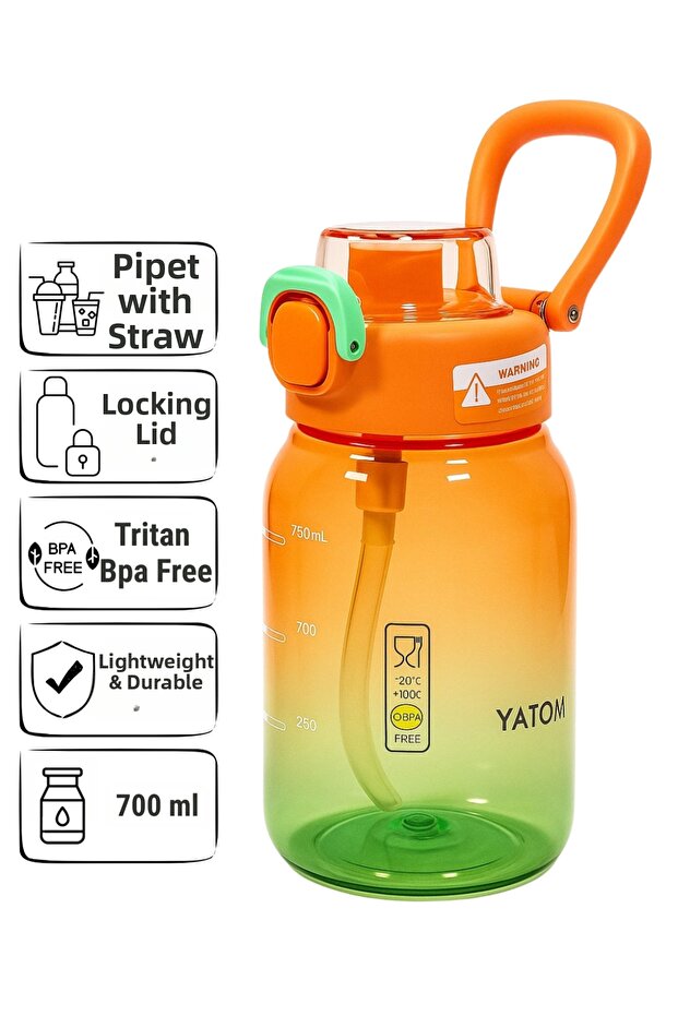 Tritan Water Bottle – 700 ml Water Bottle with Straw, Locking Lid, and Carrying Strap - Orange