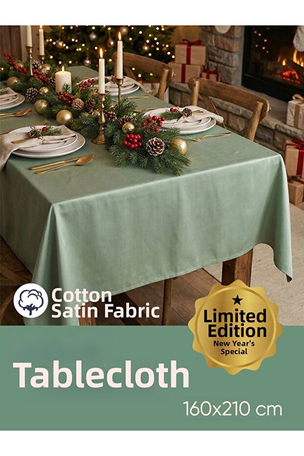 Cotton Satin Fabric Christmas Green Tablecloth 160X210