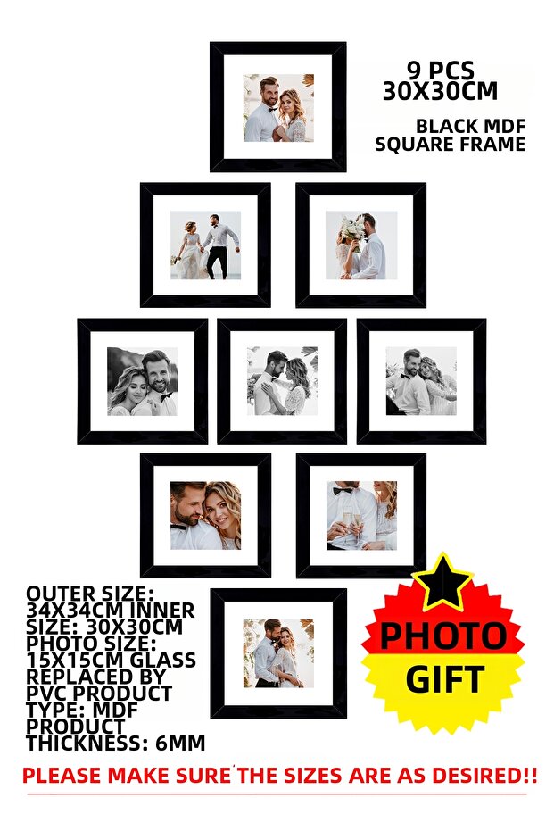 9 قطع إطار 30×30 - إطار من الألياف متوسطة الكثافة - إطار صور - إطار مربع - مع بلاستيك بي في سي