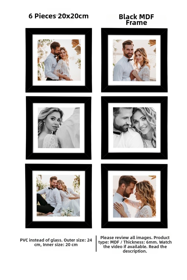 6 قطع إطار 20×20 - إطار من الخشب المضغوط - إطار صور - إطار مربع - مع بي في سي