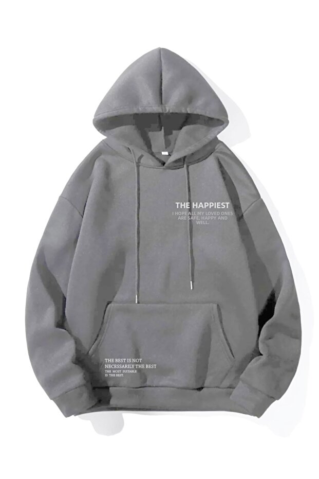 Unisex Smoked Happiest Printed Oversize Hooded Sweatshirt