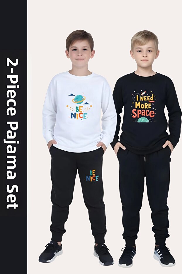 Boys' 2-Piece Round Neck Space-Astronaut Printed Detailled Top-Bottom Pajama Set