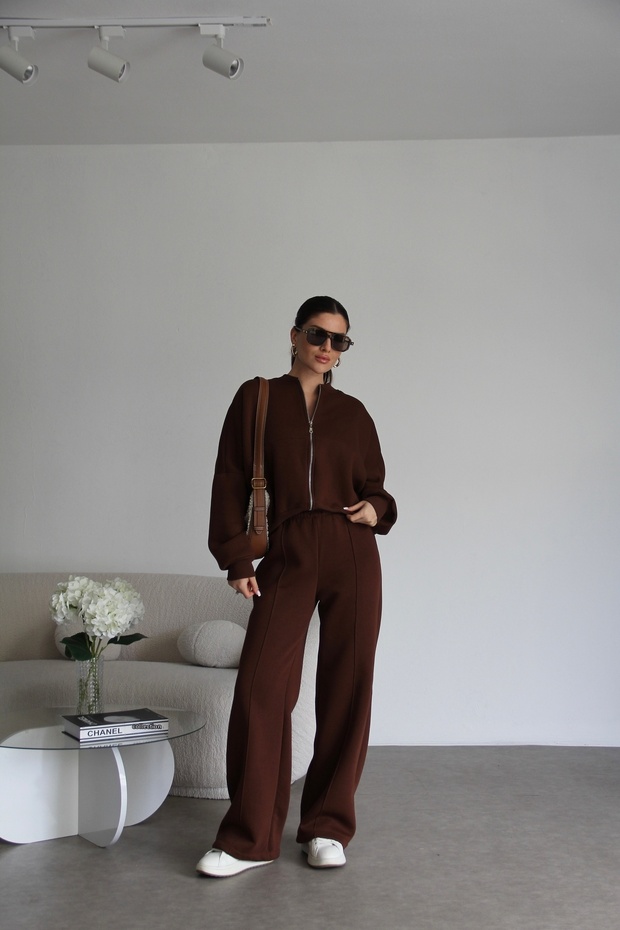 Coffee Zippered Raised Bottom Top Premium Tracksuit Set