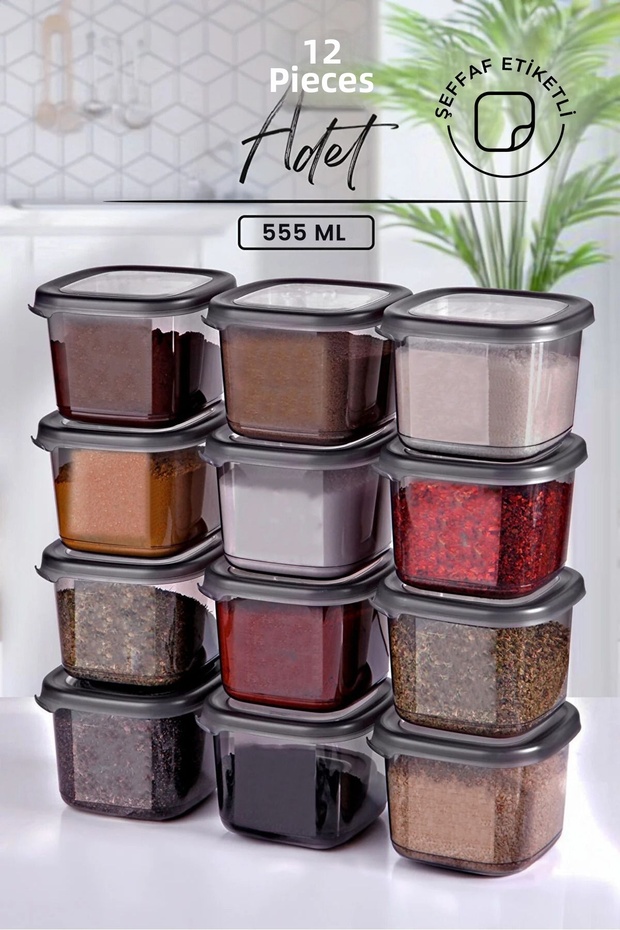 Anthracite Spice jar Set with Labeling of 12 pieces -555 ml - 12 Piece Storage Bowl Set