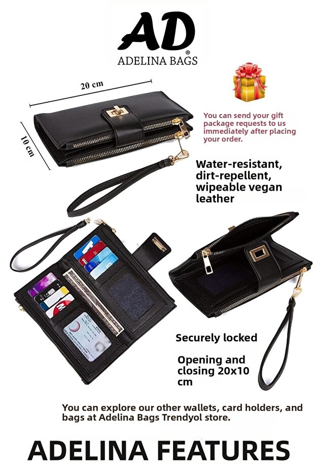 Női fekete Venesia papír érmekártyatartó rekesz, zárható csuklópántos portfóliós pénztárca - 4