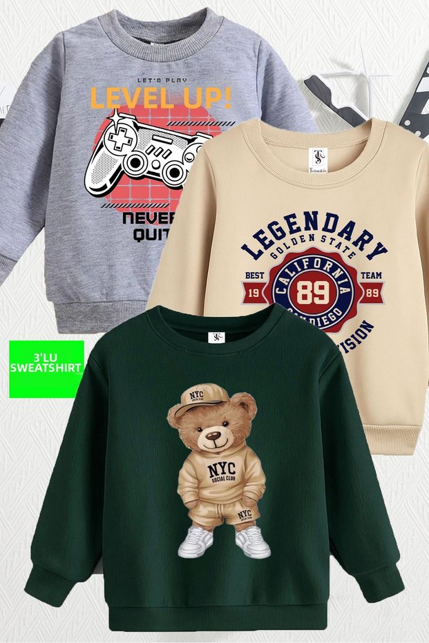 Teddybear and Game Console Printed 3-Pack Unisex Crew Neck Beige-Grey-Green Children's Sweatshirt