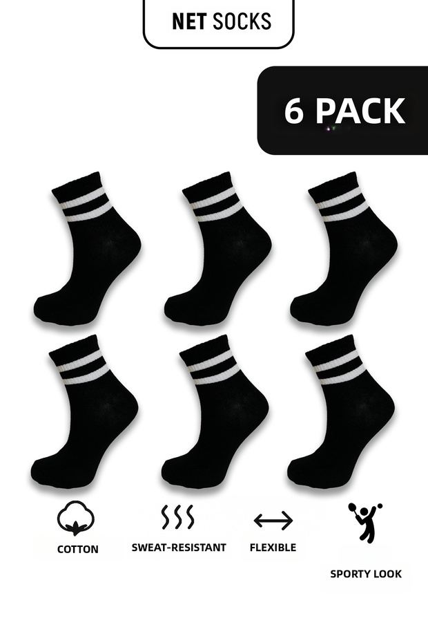 6 Pairs Black and White Striped College School Sports Socks Unisex