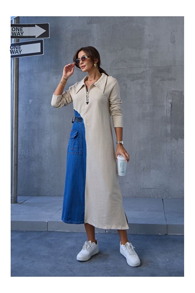 Stone Jean Detailed Belted Dress