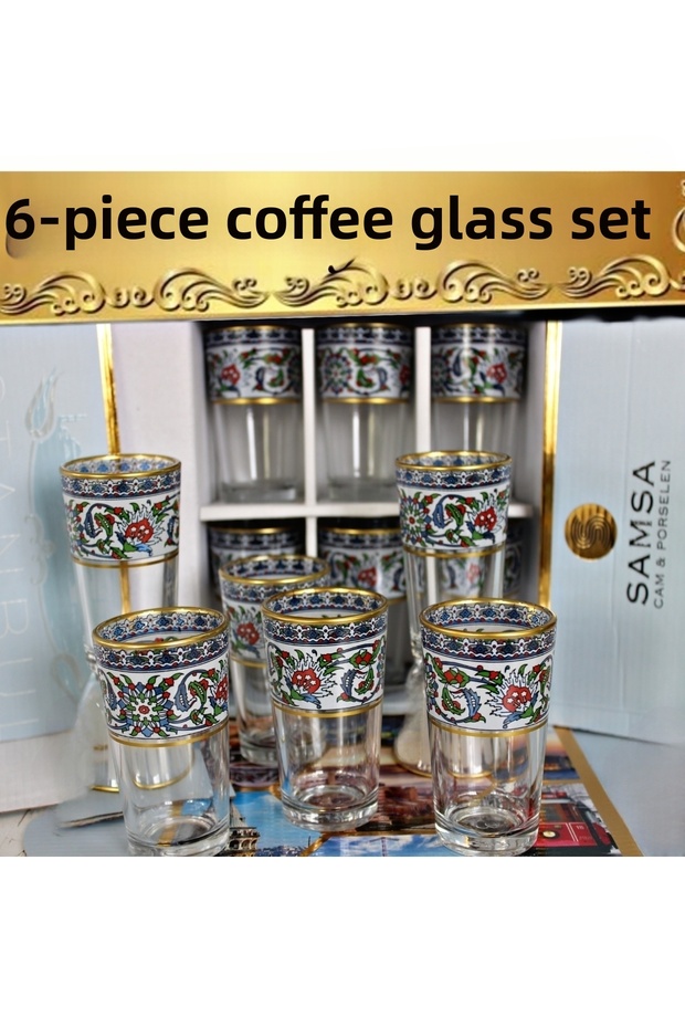 Tile Pattern Design Coffee Side Water Glass Set, 6 Pieces