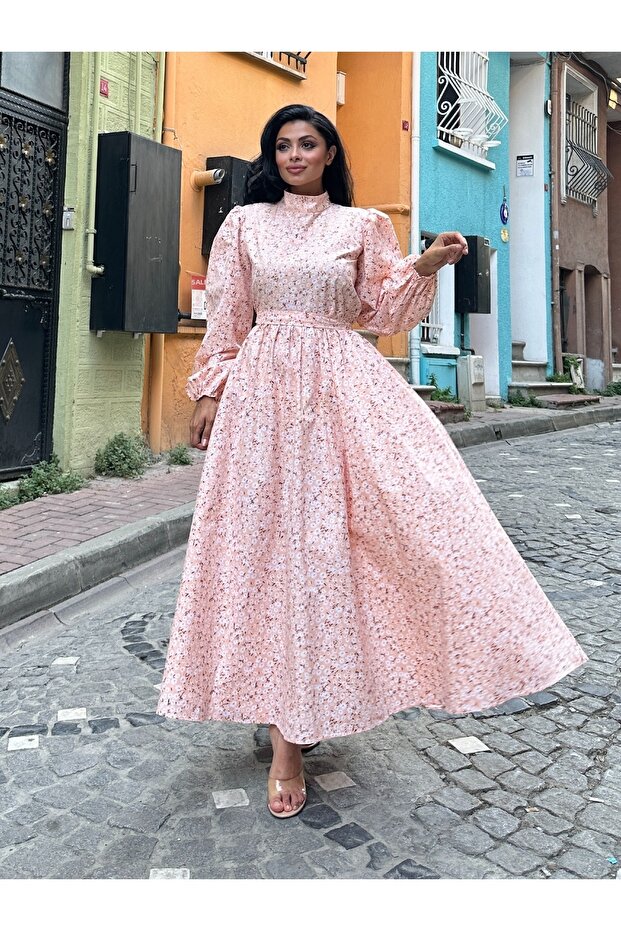 Modest Salmon Daisy Poplin Flared Dress