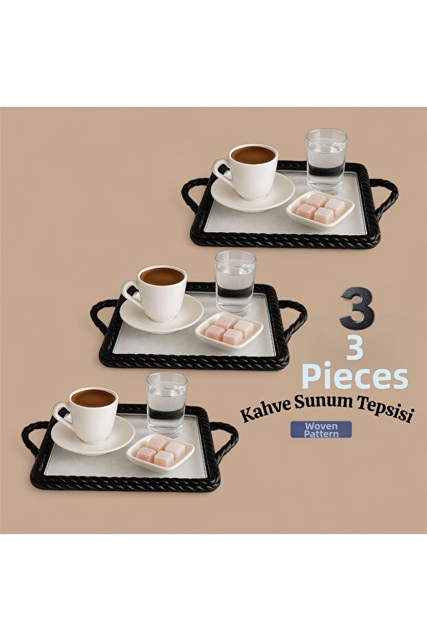 3 قطع من صينية تقديم القهوة بنمط شبكي مستطيلة الشكل باللون الأبيض - 2