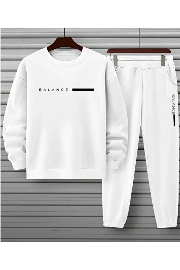 Men's White Balance Printed Oversize Crew Neck Tracksuit Set