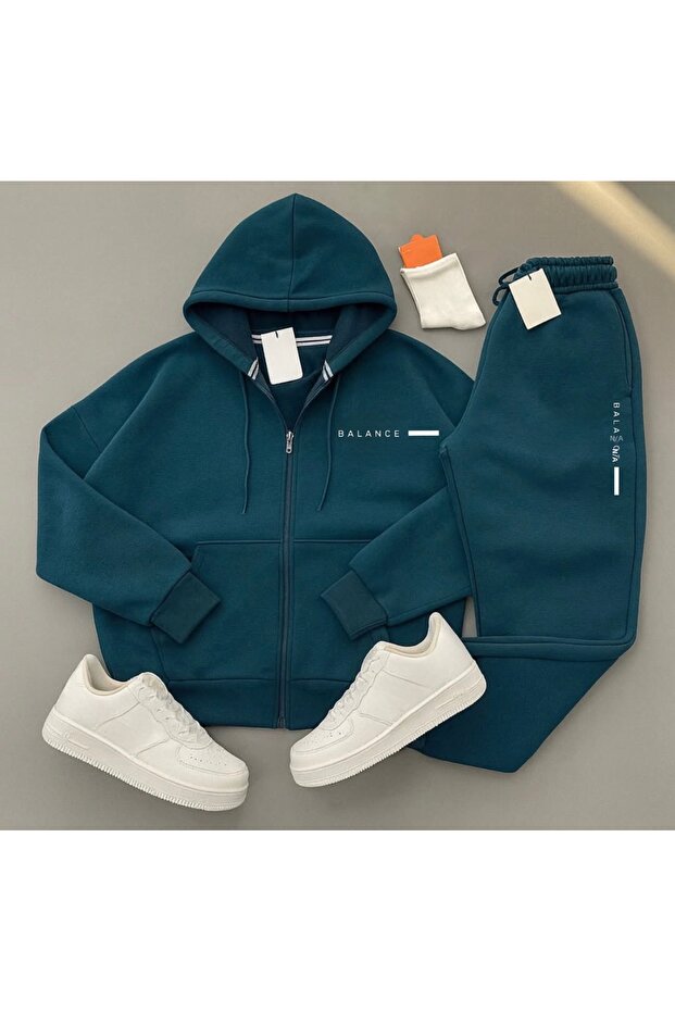 New Season Balance Lettered 3-Thread Cardigan-2-Piece Tracksuit Set