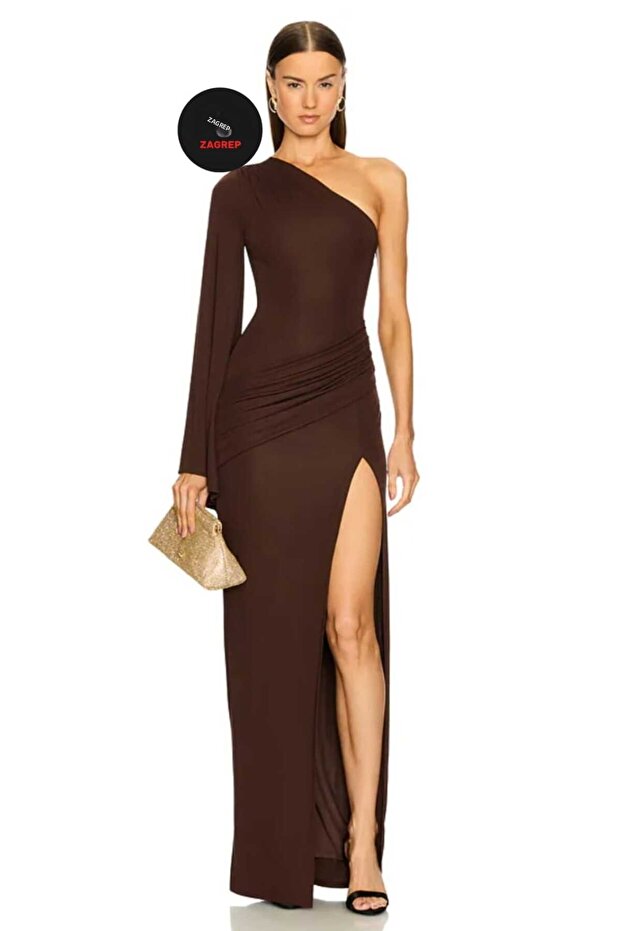 Women's Coffee Color One Shoulder Slit Sleeve Detailed Lined Silk Jersey Maxi Dress