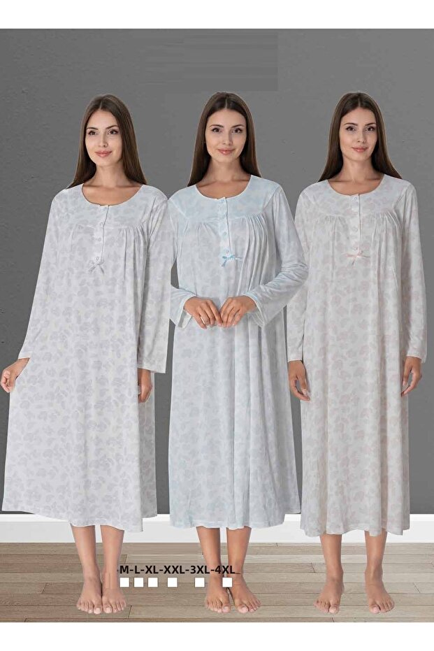 ثوب نوم قطني بأكمام طويلة مقاس كبير باللون الأزرق