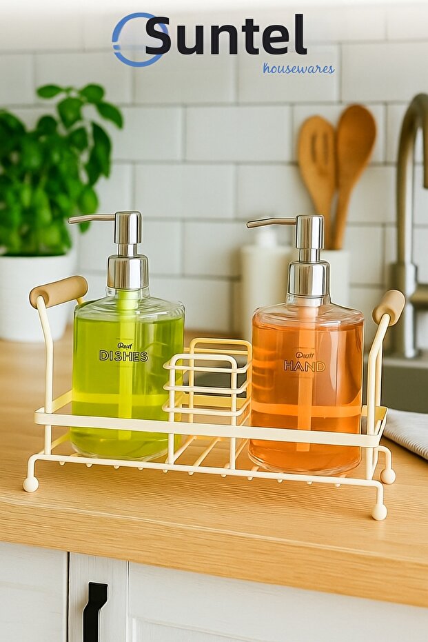 2-Piece Plastic Liquid Soap Bottle Soap Dispenser with Metal Stand 500 ml Cream