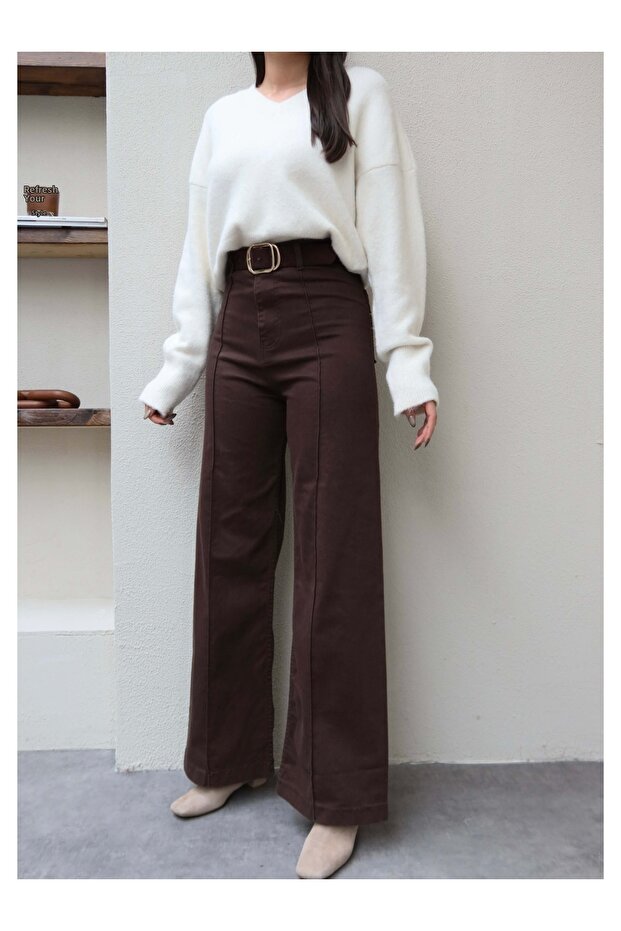 Seam Detail Wide-Leg Stretch Fabric Trousers