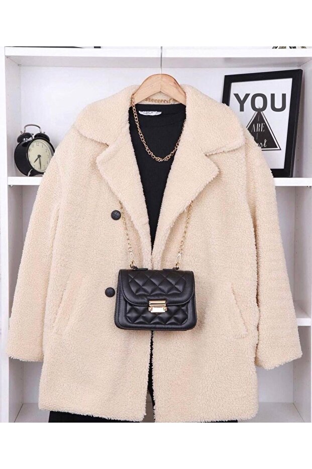 İkmal Unlined Women's Plush Short Beige Coat