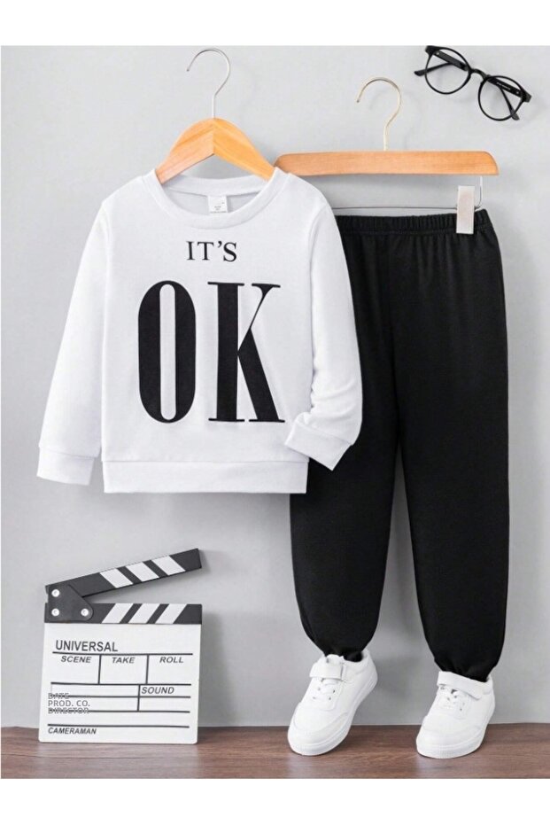 3 Thread ITS' OK Top White Bottom Black Printed Girls/Boys Oversize Sweatsihrt & Tracksuit Set