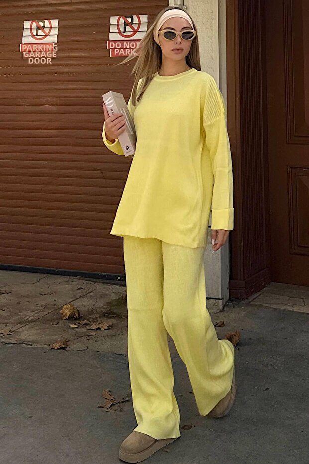 Yellow Deg Ribbed Sweater-Pants Women's Knitwear Bottom-Top Set
