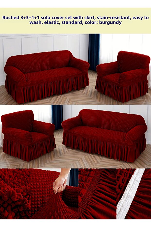 Bürümcük Cotton (3-3-1-1) Sofa Cover Sofa Cover with Elastic Skirt (Bordo Color)