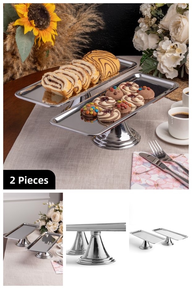 2-Pack Silver Rectangular, Stylish Cake, Pastry, Cookie and Dessert Serving Presentation Stand with Legs
