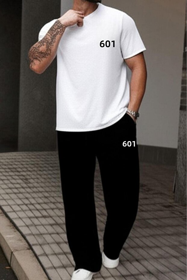 Men's White Loose Cut Tshirt Black Wide Leg Summer Tracksuit 601 Printed Bottom Top Set
