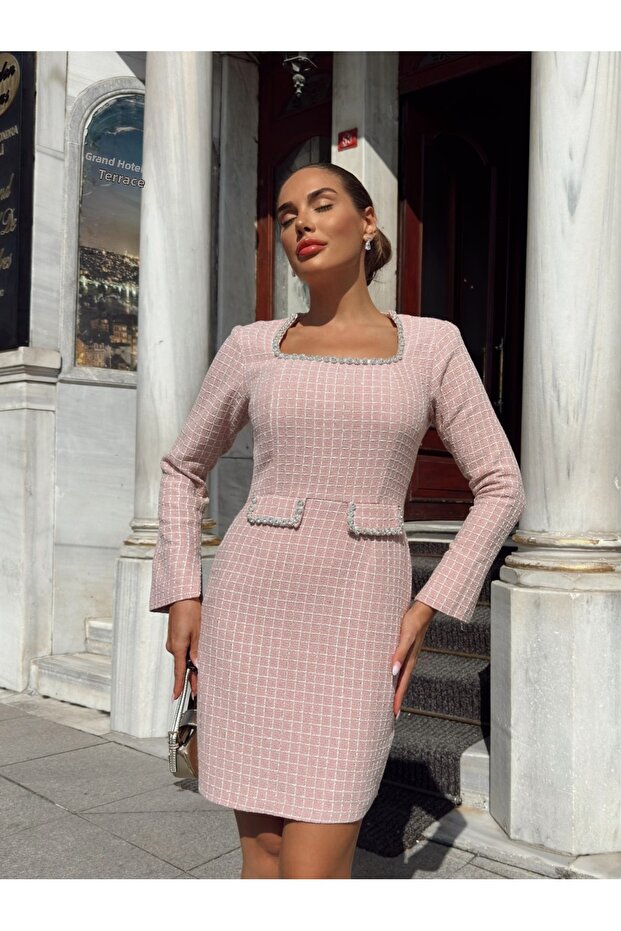 Women's Pink Collar and Pocket Stone Embroidery Special Design Lined Midi Dress
