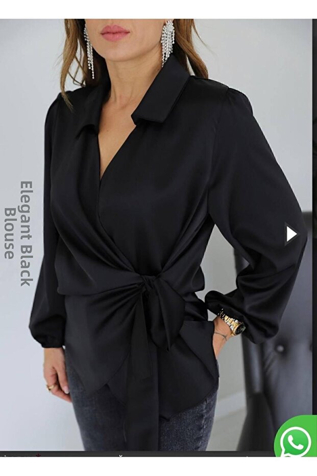 Satin Double Breasted Collar Side Tie Shirt Blouse
