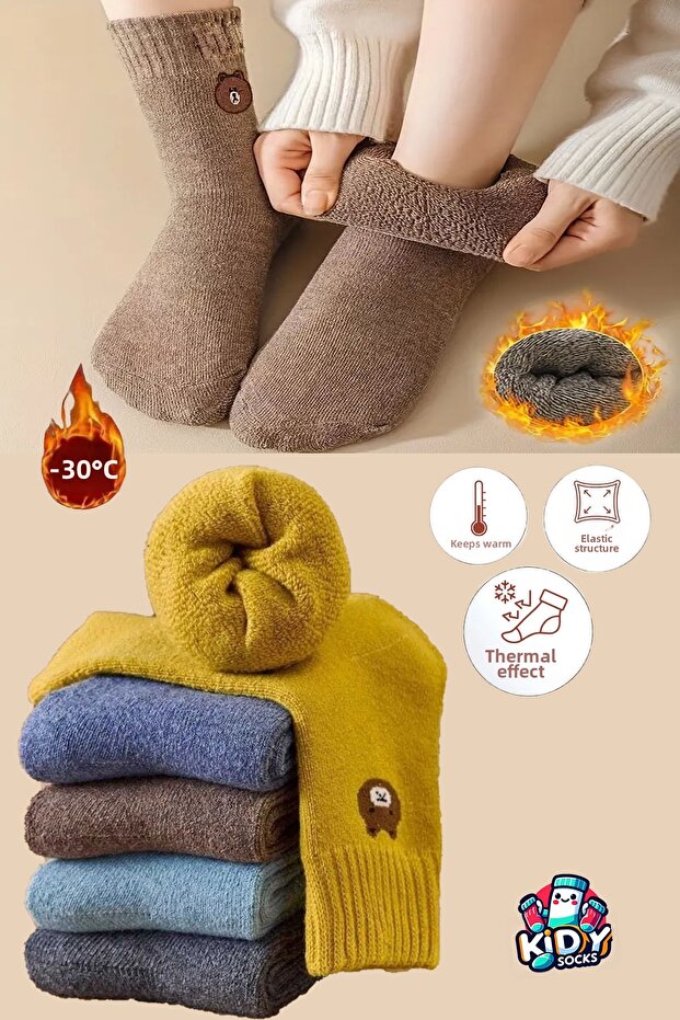Teddy Bear Patterned Thermal Women's Towel Winter Socks Set 3 Pairs