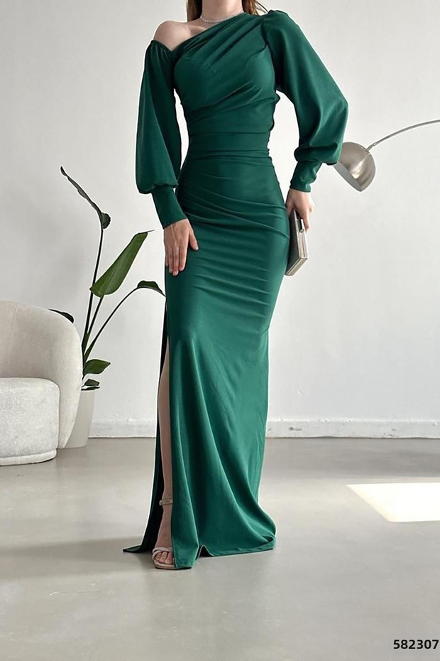 Green One Shoulder Open Detail Imported Crepe Fabric Maxi Size Long Sleeve Dress
