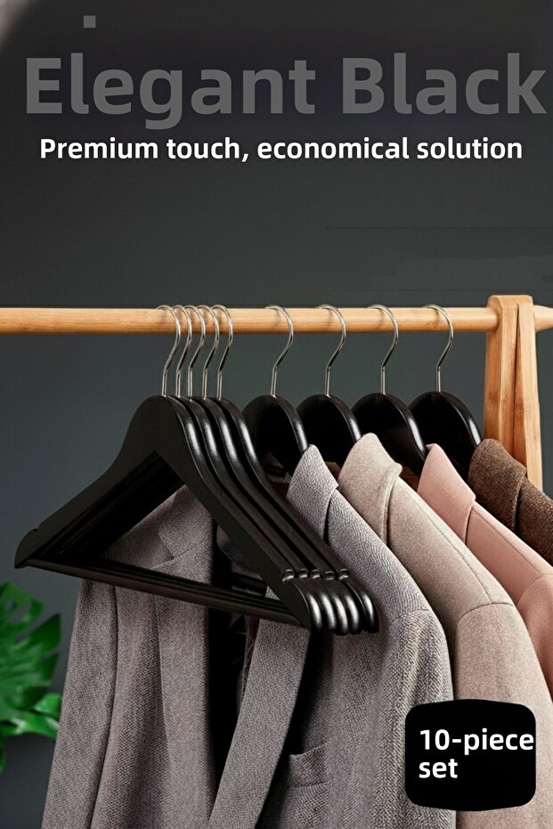 10-Piece Luxury Black Clothes Coat Hangers - Ergonomic & Non-Slip Plastic Hanger Set - Wood Look