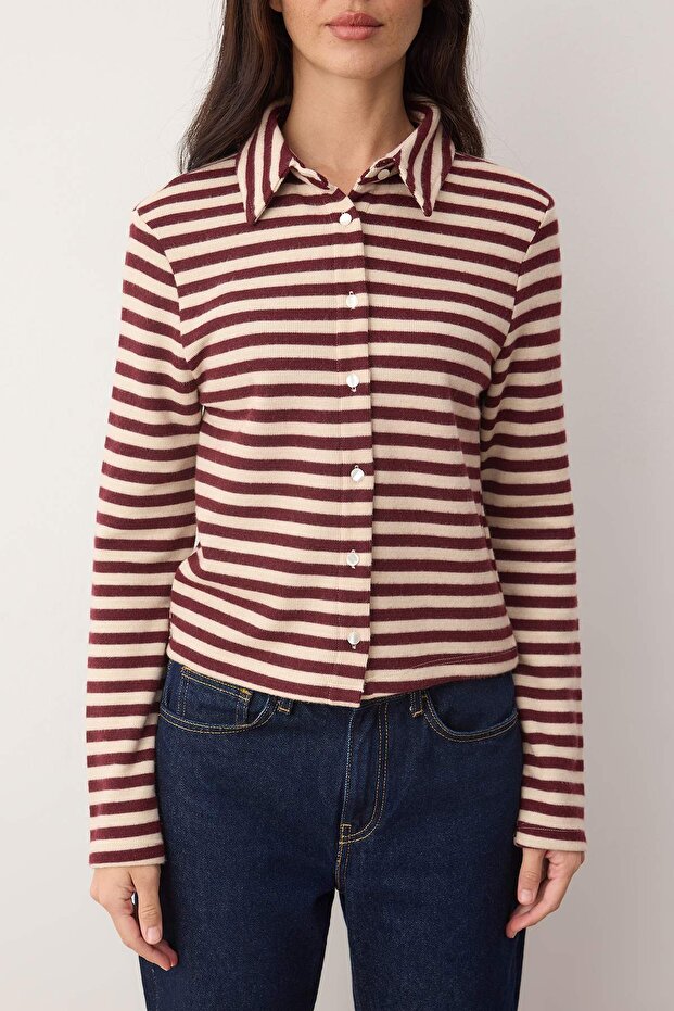 Ekru Çizgili Selanik Düğmeli Fitted/Vücuda Oturan Polo Yaka Örme Bluz TWOAW26BZ00342 - 3