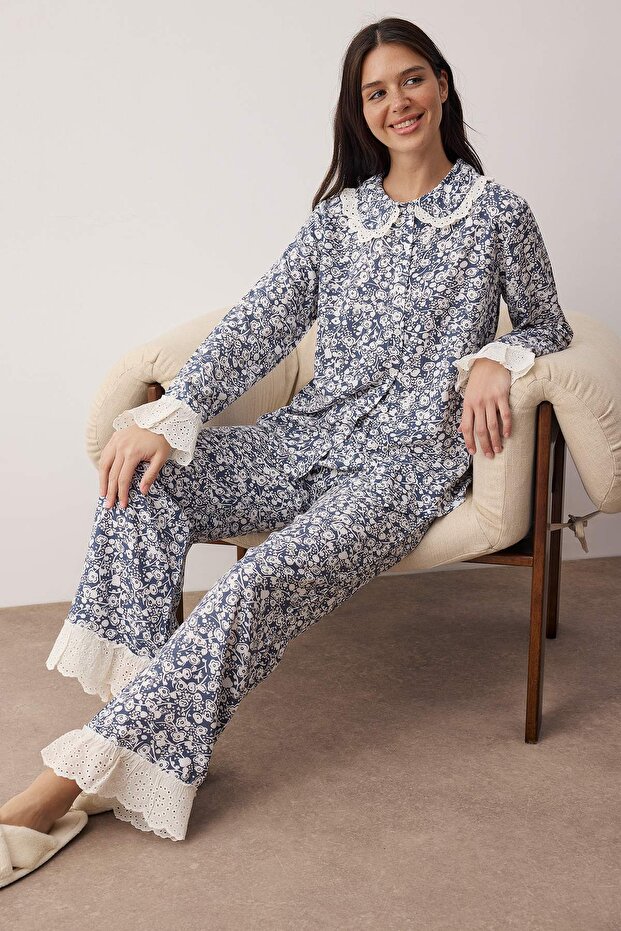 Mavi Çiçekli Viskon Dokuma Pijama Takımı THMAW26PT00185 - 1