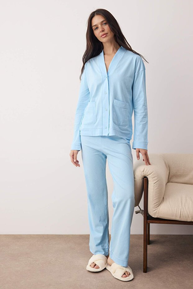 Mavi %100 Pamuklu Cep ve Manşetli Örme Pijama Takımı THMAW26PT00230 - 1