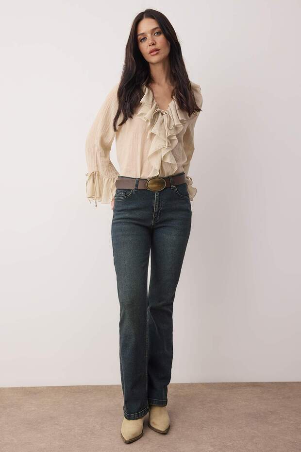 Mavi-Yeşil Soluk Efektli Yüksek Bel Orta Esnek Flare Jeans TWOSS26JE00022 - 6